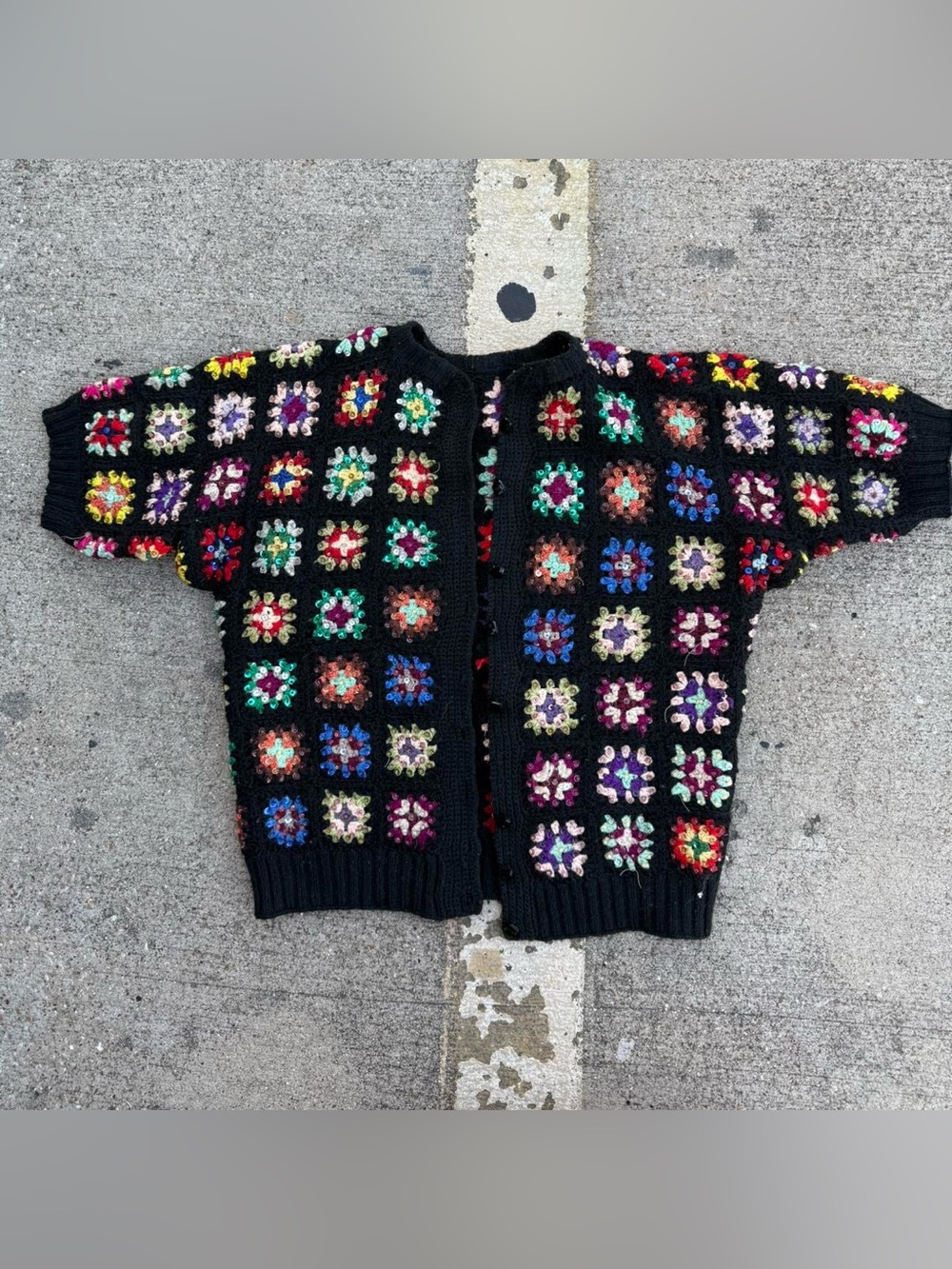 Vintage 70s granny square crocheted sequin short sleeved cardigan